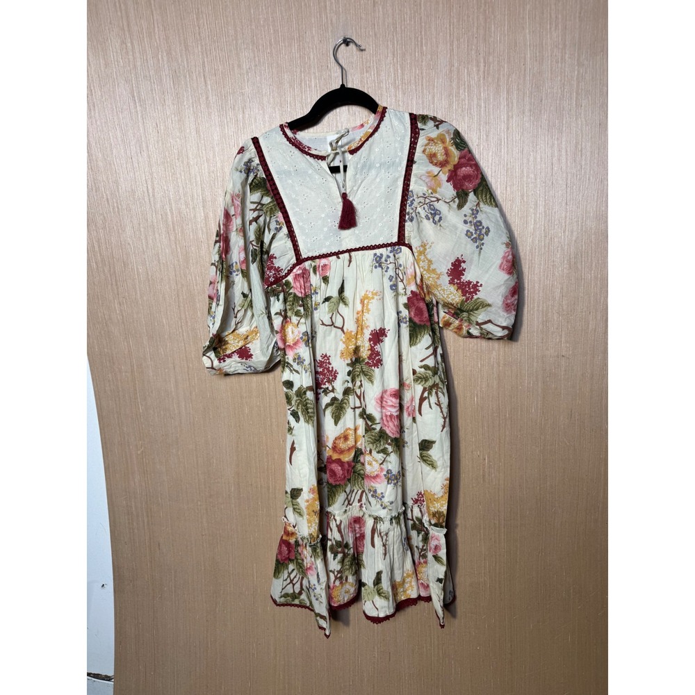 Yo Baby India Floral Boho Dress 7 Cream Eyelet Lace Tassel Tiered Ruffle NWT